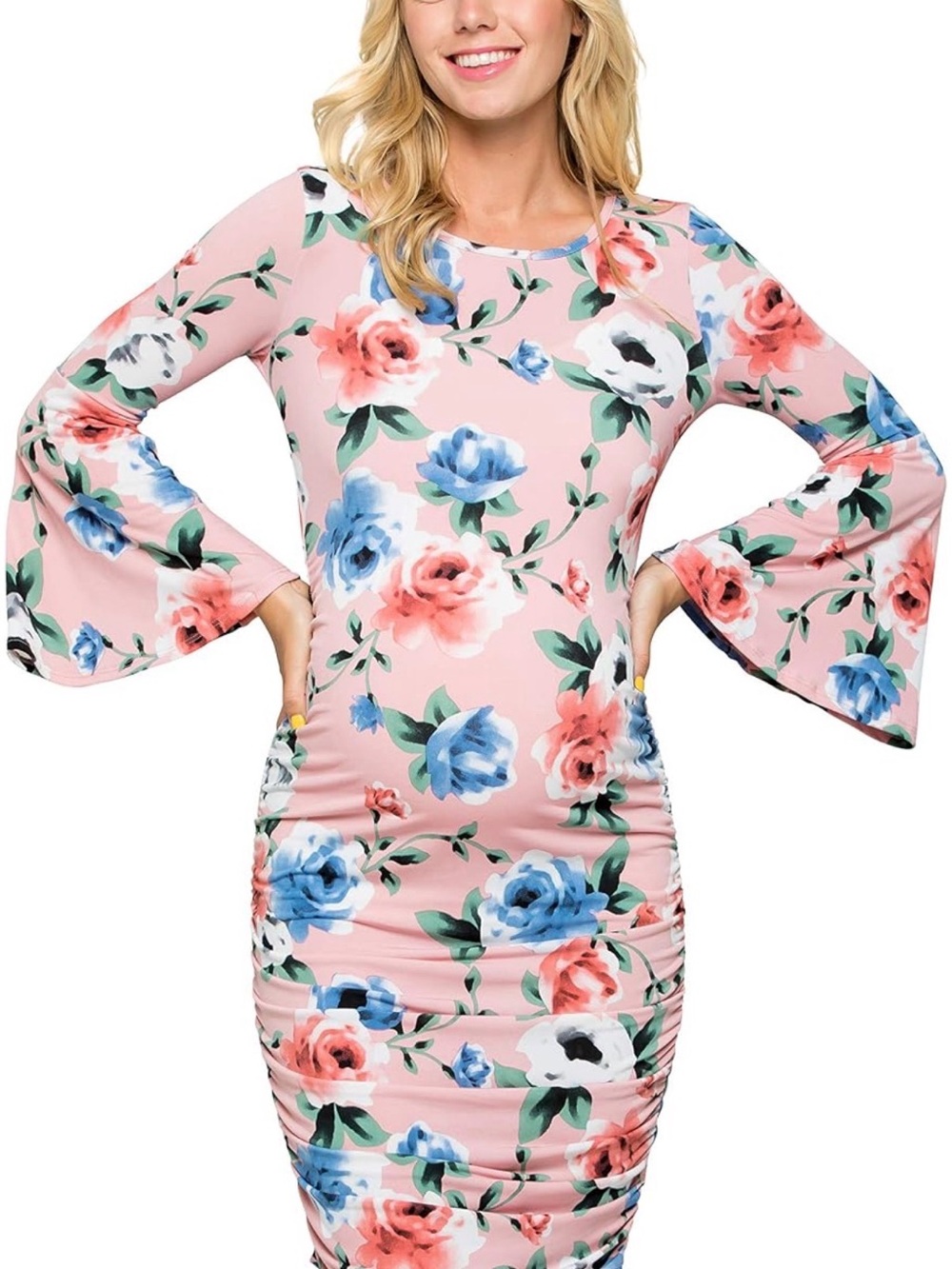 A401 Bump Women's Maternity Florals Pink Bell-Sleeve Bodycon Dress NWT